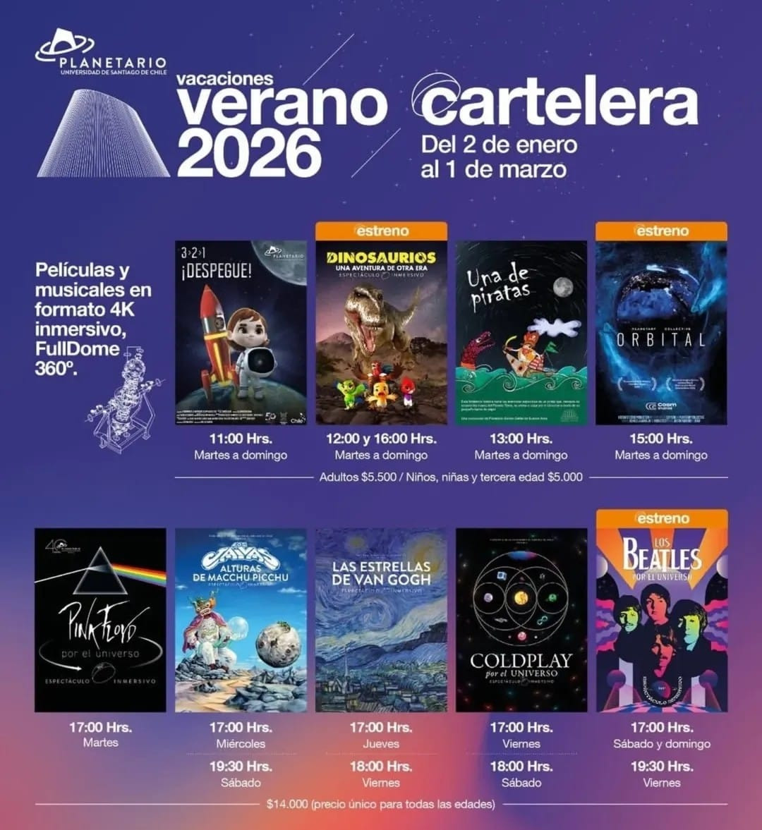 Cartelera de Verano 2026 en Planetario Chile: vive la ciencia, la música y el universo en una experiencia única